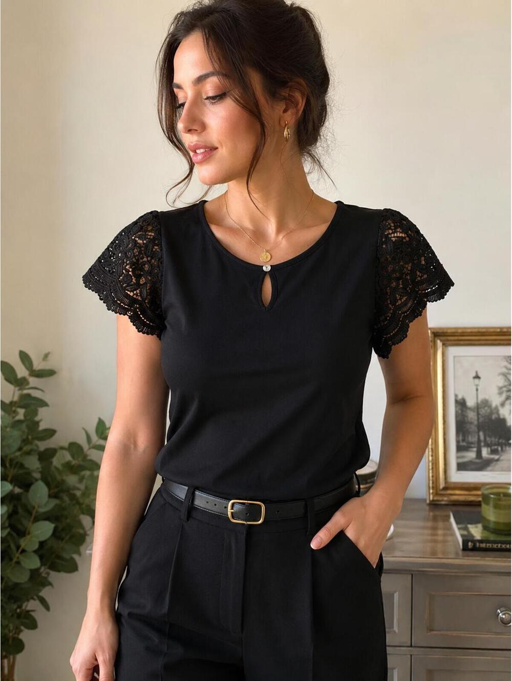 Black Lace Sleeve Blouse Dark Romantic Office Chic Top Size M